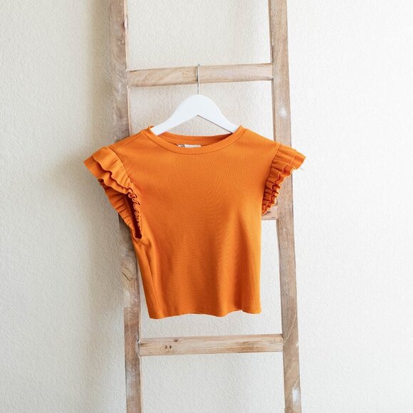 Zara Top Sz M Orange Ribbed Tiered Ruffled Cap Short Sleeve Cropped Stretchy - Picture 3 of 5